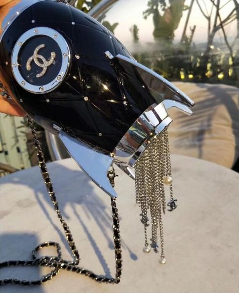 

Новые шикарной космической ракета сумки Акриловых Rhinestone бахромы сцепление кошелек Мода женщин цепь плечо Лучшие дизайнеры Black Rocket Кошелек