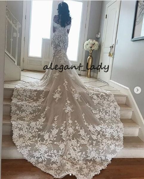 

cathedral train mermaid wedding dresses 2019 off shoulder full lace applique trumpet dubai arabic church civil bridal wedding gown, White