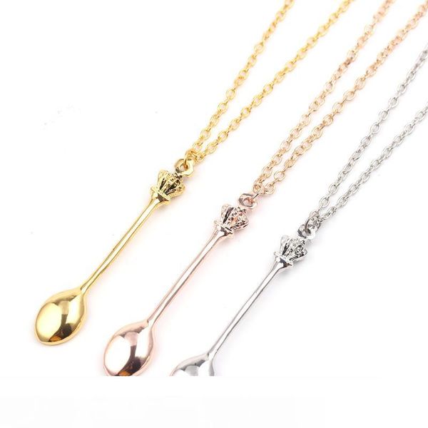 

charm tiny tea spoon pendant necklace with crown necklace 3 colors creative mini long link jewelry spoon necklaces, Silver