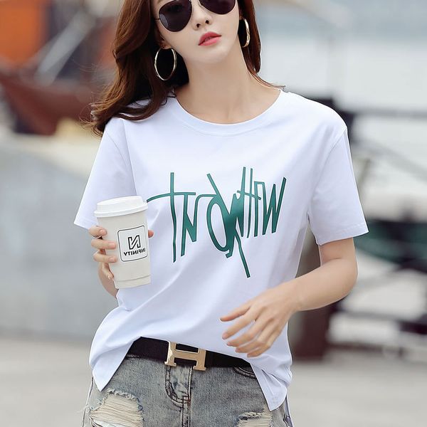 

2020 new loose-printed short-sleeve 100% cotton t-shirt for women, White