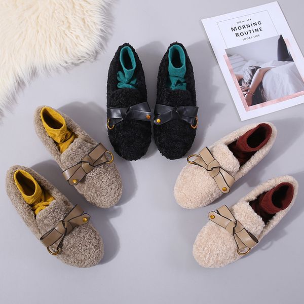 

2020 winter flats shoes woman moccasins slip on loafers sheep curls hair furry wool thicken plush warm soft lazy ballet flats, Black