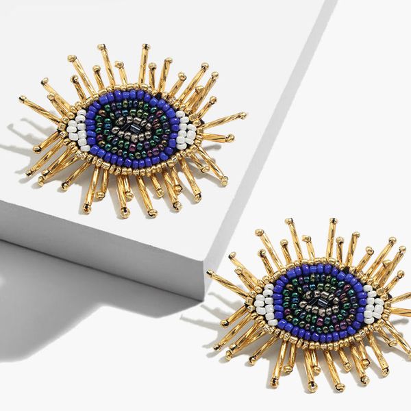 

jjfoucs boho unique eyes stud earrings for women bead tassel earring ethnic vintage charm handmade jewelry oorbellen femme 2019, Golden;silver