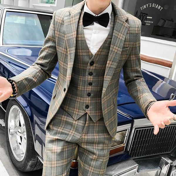 

autumn 2020 luxury british style casual business slim plaid men's suit groom wedding dress prom party tuxedo men suit 3pcs/set, White;black