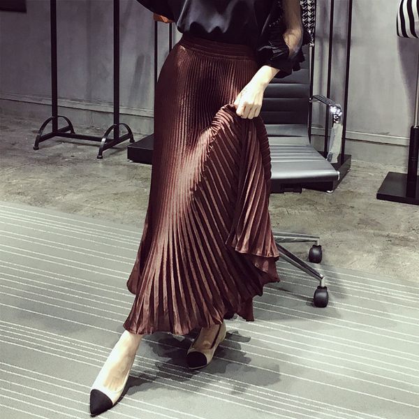 

lanmrem 2020 new summer fashion women clothes high waist pleated a-line long big bottoms girl's skirt female all colors wg18208, Black