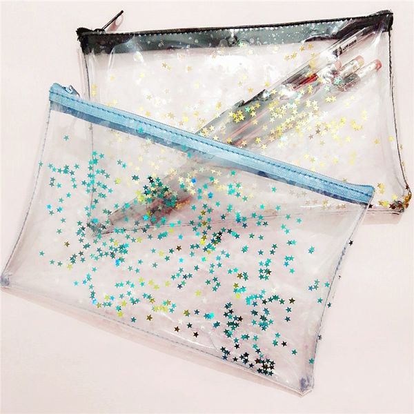 

1 pc creative color pvc waterproof pencil cases bags cute glitter transparent move star pen box pouch stationary supplies 05002