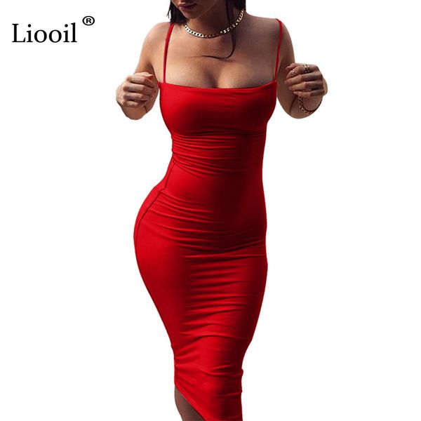 

liooil spaghetti strap midi dress sleeveless backless bodycon bandage black blue red celebrity women party dresses clubwear, Black;gray
