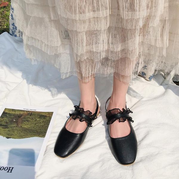 

spring 2020 korean version of chic sweet shallow mouth single shoes female square head mary jane sandals, Black