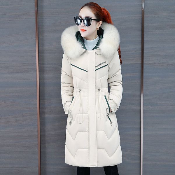 

women solid hooded down coat 2019 new winter fashion splice collect waist fur collar zipper pockets thickening long outerwear, Black