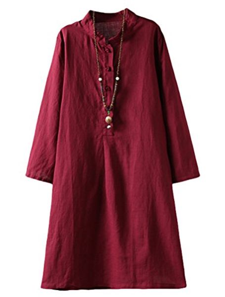 

minibee women's linen retro frog button blouse loose tunic dress with pockets, Black;gray