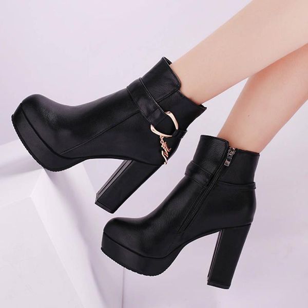 

women shoes platforms boots leather high heel shoes 2020 fashion spring zipper boots women ankle female botas mujer, Black