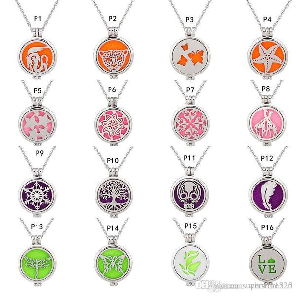 

28 styles silver tone flower perfume lockets essential oil necklace inner dia 30mm aromatherapy diffuser 60cm chain with 5 pcs pads