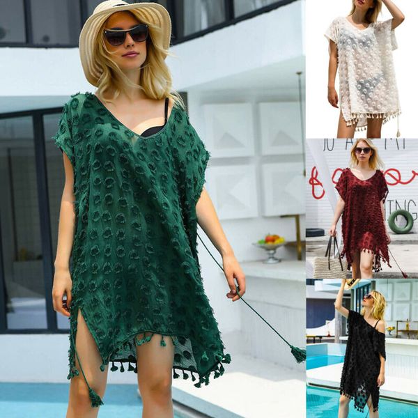 

summer women beachwear swimwear bikini beach wear cover up solid color tassel ladies tassel o-neck see-through dress  m l, Blue;gray
