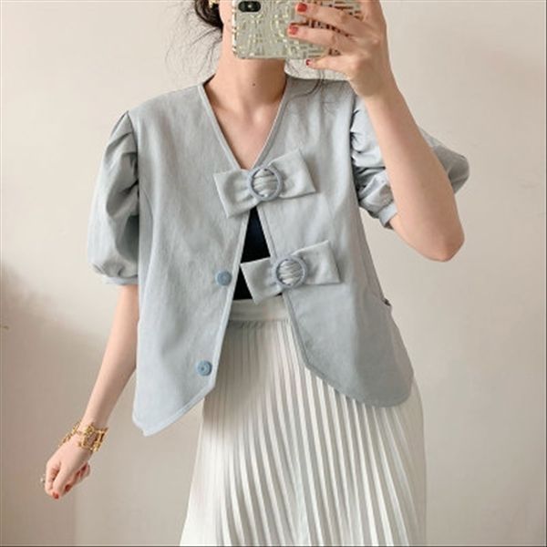 

1() v-neck short bubble sleeve bowknot loose summer 2020 butterfly butterfly design sense niche, White