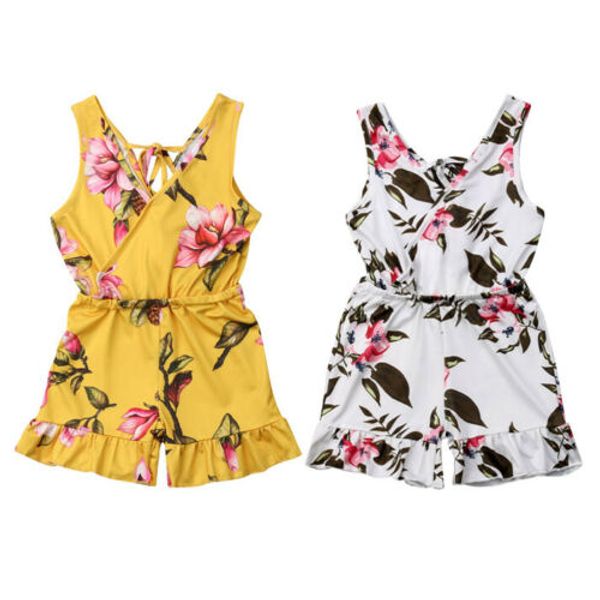

boutique girl clothes kids baby girls floral jumpsuit sleeveless romper clothes outfits set playsuit, White