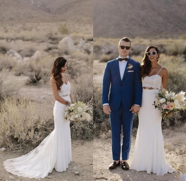 

two pieces bohemia wedding dresses spaghetti straps lace mermaid fitted chiffon wedding bridal gowns long wedding gowns, White