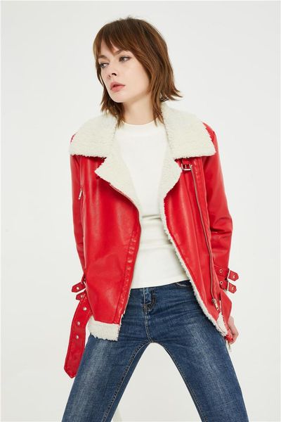 

motorcycle lambs wool coat autumn winter women zipper belted rivet fur leather jacket 2019 vintage loose warm chaquetas mujers, Black