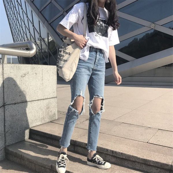 

2019 women's destroyed ripped hole jeans for women stretch female denim women straight trousers distressed jeans, Blue