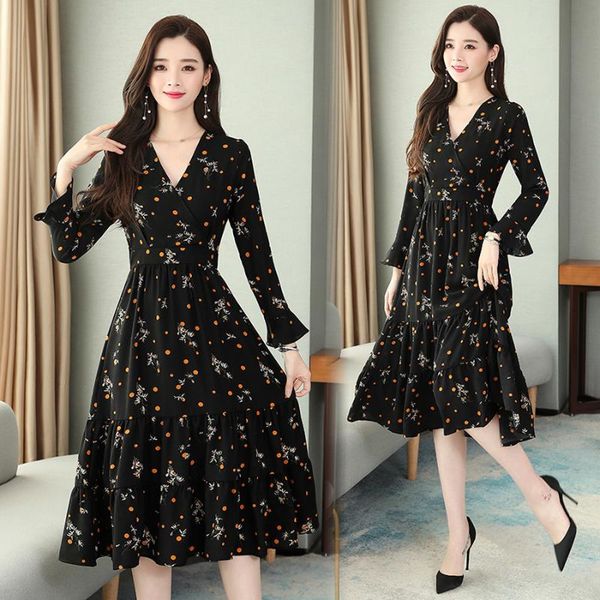 

2020 vintage floral chiffon midi dresses spring summer new 4xl plus size long sleeve dress elegant women bodycon party vestidos, Black;gray