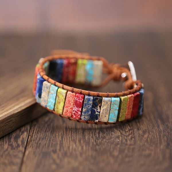 

2019 chakra bracelet jewelry handmade multi color natural stone tube beads leather wrap bracelet couples bracelets jewelry gifts, Golden;silver