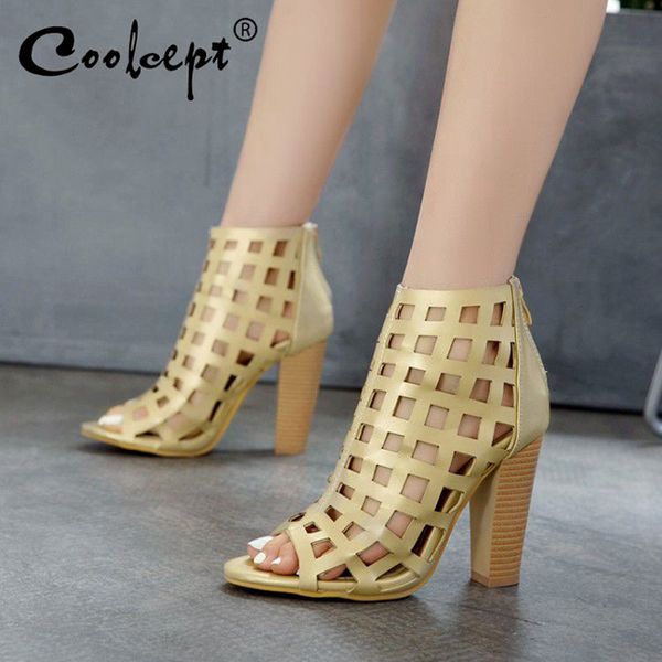 

coolcept size 33-50 summer women boots open toe thick heel cool shoes women zipper travel beach outdoor female zapatos, Black