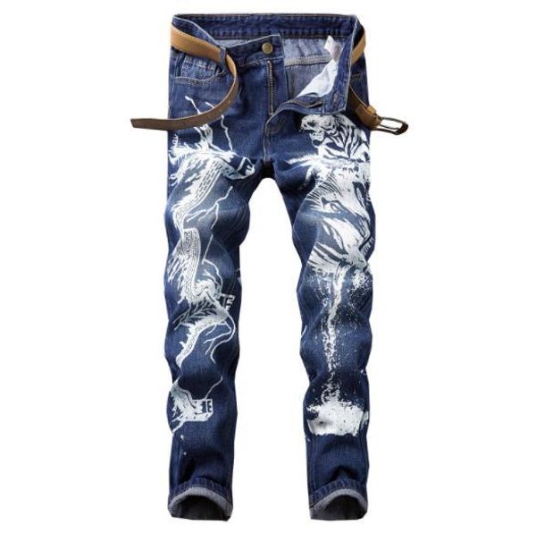 

designer mens jeans trend street stretch straight animal print fashion motorcycle jeans personality nightclub casual pants for men, Blue