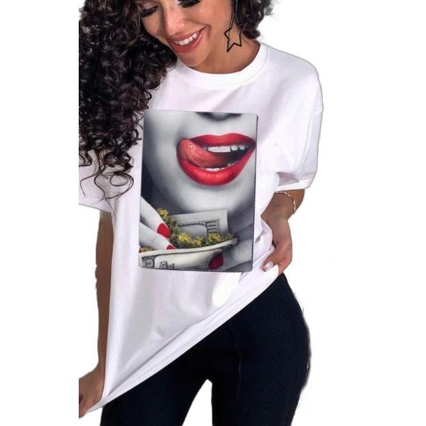 

women's t shirts europe and the united states summer new short sleeved lips printed t-shirt fashion tee shirt vetement femme, White