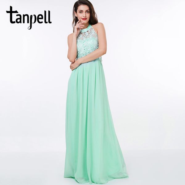 

tanpell halter prom dress green sleeveless lace floor length a line dress back zipper up chiffon formal evening prom gown, White;black