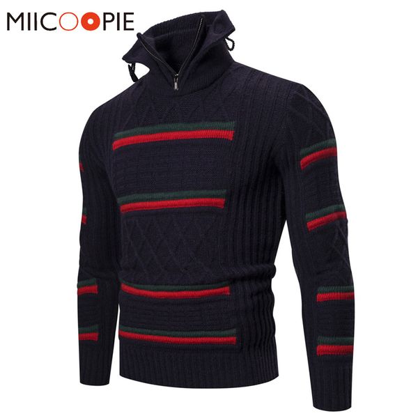 

men turtleneck sweater knitting zipper pullovers spring male wool knitwear sueter hombre striped jumpers clothes, White;black