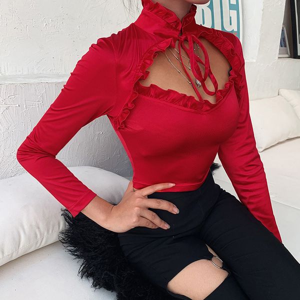 

hollow bandage long sleeve open low chest short long-sleeved satin t shirt soft bow tie lace t-shirt women streetwear, White