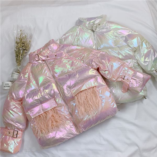 

glossy women's winter jacket feather pocket parkas coat shiny down jacket warm thicken turtleneck cotton padded women, Black