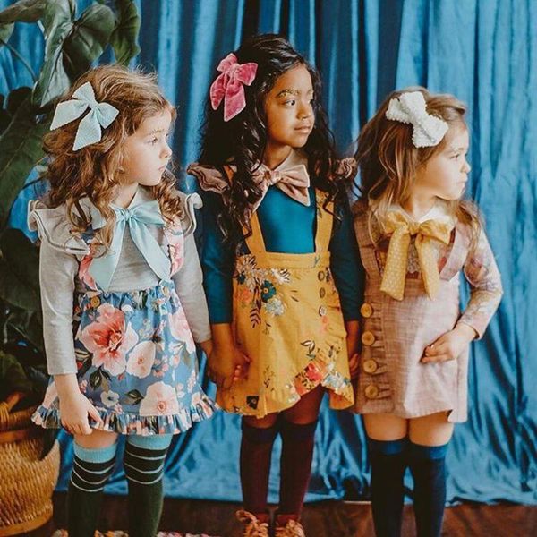 

kids girls clothes set long flying sleeve fashion cotton leisure daily printing bowknot floral suspender skirt, White