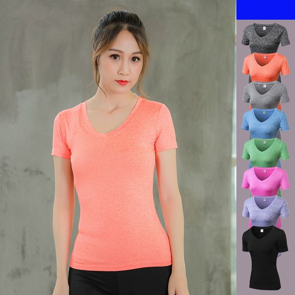 

new women's v-neck tight-fitting short-sleeved pro fitness running fast-drying t-shirt gym workout yoga solid color clothes, White;red