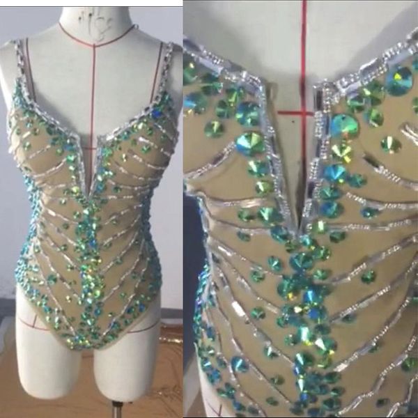 

nightclub sparkly rhinestones v-neck sling bodysuit backless jumpsuit lady singer stage costume hand-mada, Black;red