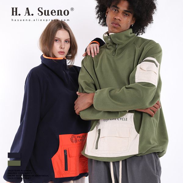 

h.a.sueno 2019 thick fleece mens sweatshirts loose fit couples clothing mixed color patchwork casual mens hoodies drop ship /7, Black