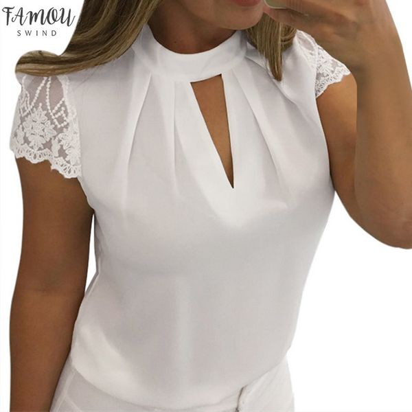

2020 lace blouses women hollow out femme solid polyester casual office shirts plus size blusas v neck streetwear tees, White
