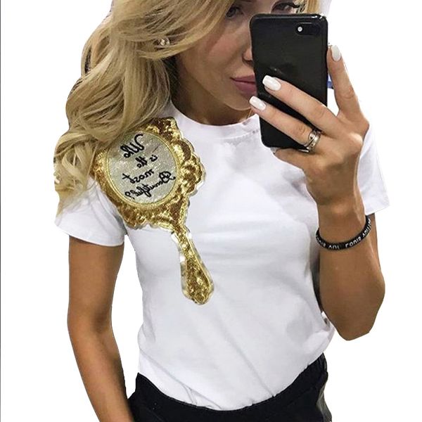 

women clothes women tshirt spring summer t shirt women fashion sequin mirror short sleeve t shirts o neck elegant cute, White