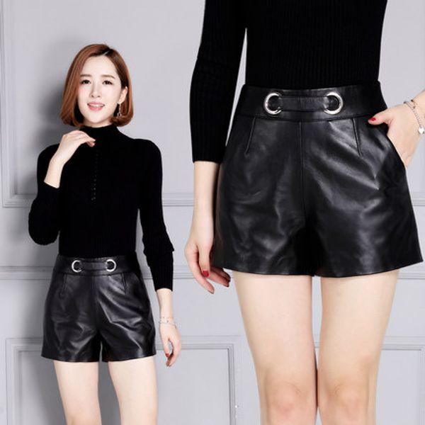 

2019 new autumin and winter sheepskin high waist slim leather shorts k41, White;black