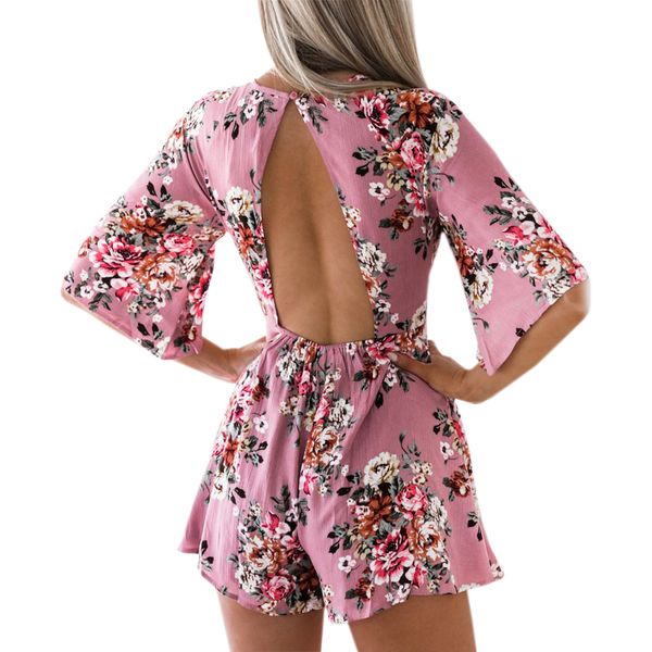 

elegant print women playsuit female romper elastic waist floral flare half sleeve 2019 summer beach overalls jumpsuit gv417, Black;white
