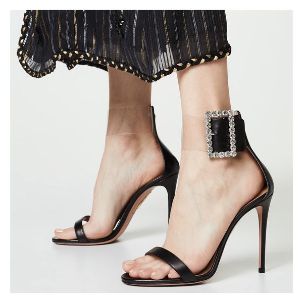 

size 35 to 42 rhinestone buckle ankle strappy high heels sandals dress shoes 12cm fashion luxury designer women shoes tradingbear, Black