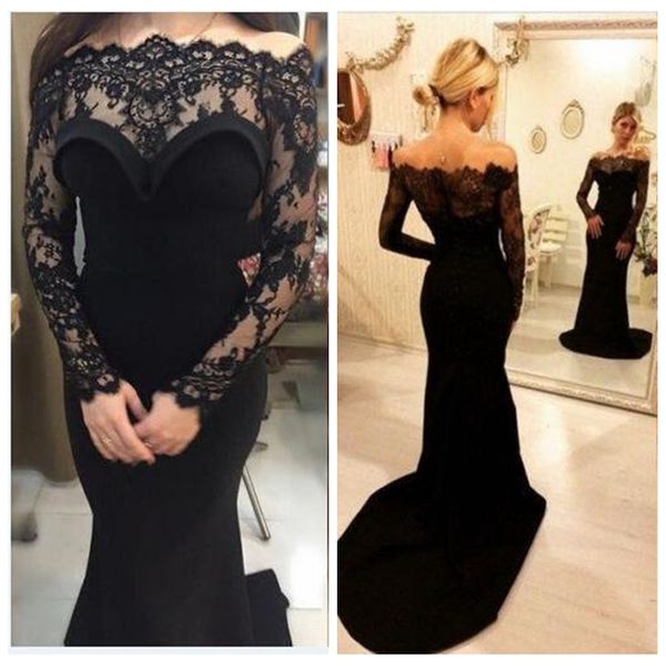 

бато кружева с длинными рукавами русалка тонкий простой вечерние платья 2021 modest женщины пром платья maxi robe de soiree plus размер деше, Black;red