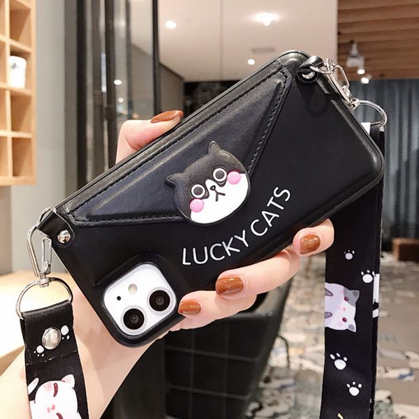 

case applicable iphone11 11pro max xr xsmax x/xs protective sleeve cute cat mobile phone case holster belt lanyard card wallet