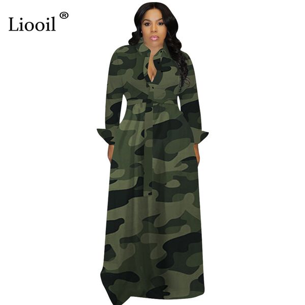

liooil plus size camouflage loose maxi dress women fall 2019 long sleeve v neck button up print big swing party clubwear, Black;gray