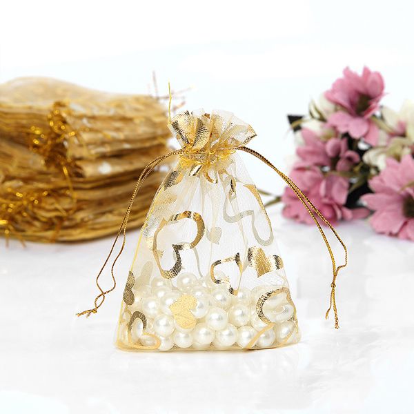 

200шт Золотое сердце из органзы Сумки на шнурках Свадебная подарочная сумка 9X12 см (