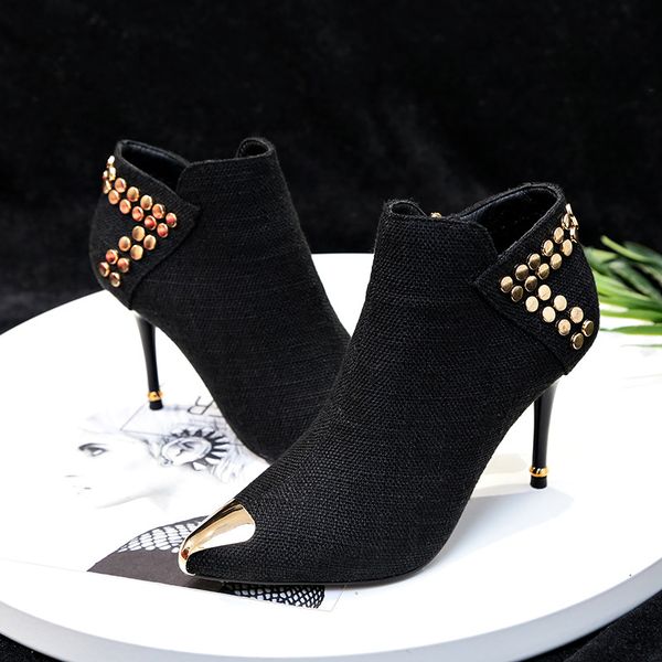 

fashion women's shoes stiletto pointed ankle zipper metal rivet women boots fashion classic high heel boots a236, Black