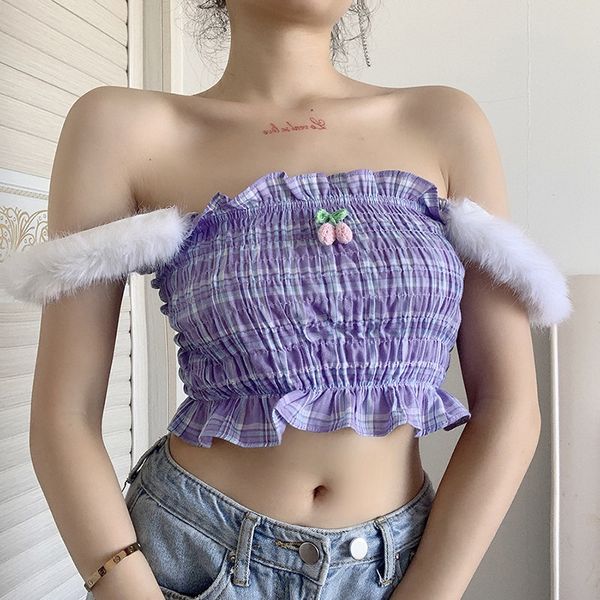 

spring fall purple plaids tank fuzzy strap camisole bustier crop women grids checkered hairy ruffles ruched streetwear, White