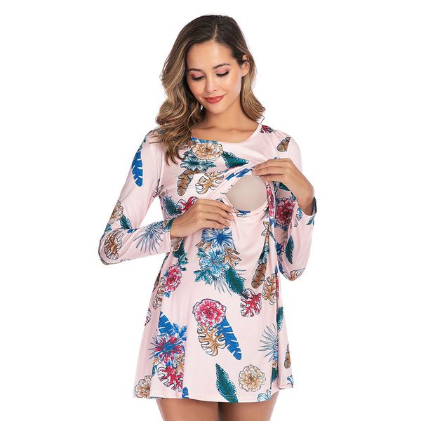 

women maternity blouse long sleeves casual print nursing round neck blouse shirt for breastfeeding pregnant c40#, White