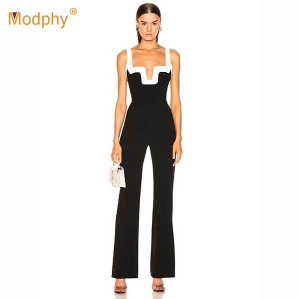 

celebrity runway jumpsuits for women 2020 summer sleeveless color spaghetti jumpsuit bodycon club evening jumpsuits, Black;white