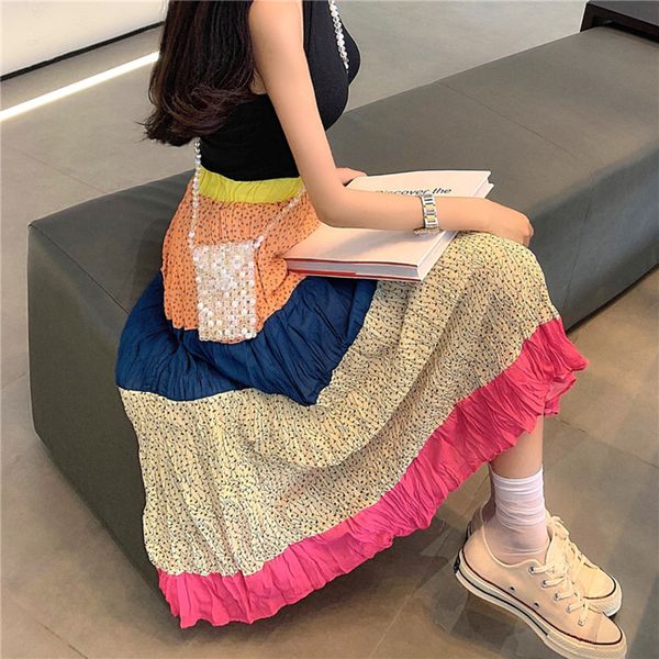 

ewq] 2020 spring summer new beach vacation leisure color-block vintage ruffled chiffon high waist all-match women skirt qz83109, Black