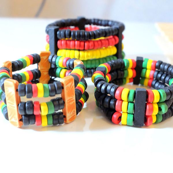 

jamaica rasta style red yellow green color handmade wooden beaded bracelet punk jewelry, Black