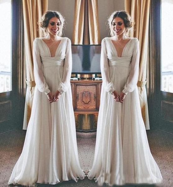 2019 La migliore vendita Boho Abito da sposa Manica lunga Modesto scollo a V Chiffon Impero Maternità Donna Abiti da sposa Stile greco